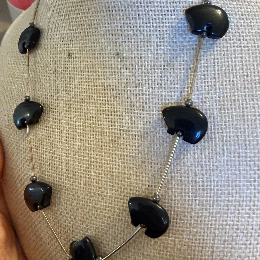 Chic Black Stone 925‎ Sterling Silver Stamped Necklace